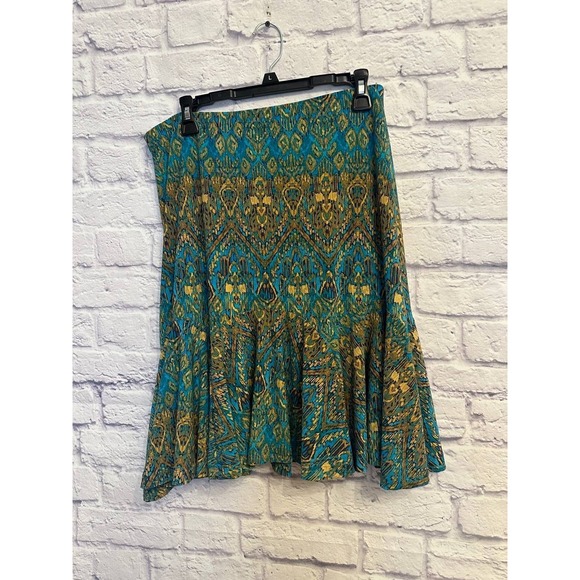 Chaps Boho Skirt Medium Blue Gold Print Knee Length Flared Casual Size M Retro - Picture 1 of 6